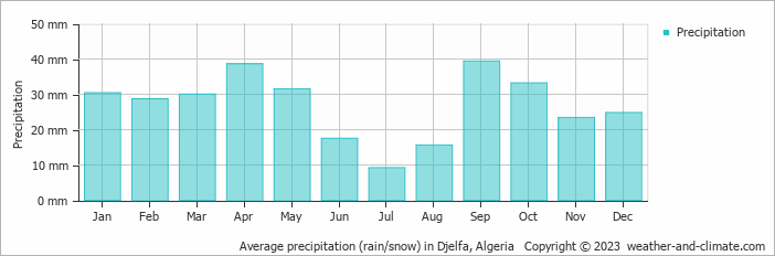 Average precipitation (rain/snow) in Djelfa, Algeria   Copyright © 2009 www.weather-and-climate.com  