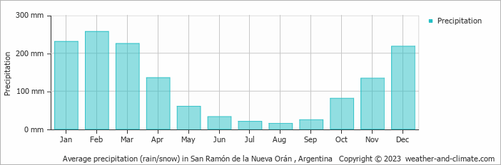 Average monthly rainfall, snow, precipitation in San Ramón de la Nueva Orán , Argentina
