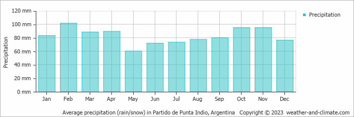 Average precipitation (rain/snow) in P. Indio, Argentina   Copyright © 2009 www.weather-and-climate.com  