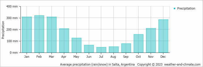 Average monthly rainfall, snow, precipitation in Salta, Argentina