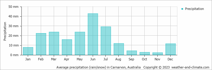 Average monthly rainfall, snow, precipitation in Carnarvon, Australia