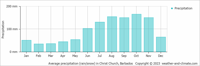 Average monthly rainfall, snow, precipitation in Christ Church, Barbados