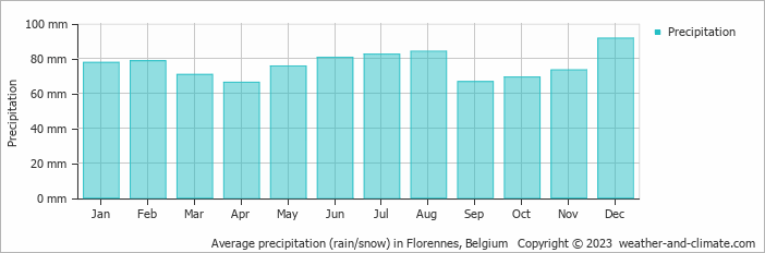 Average monthly rainfall, snow, precipitation in Florennes, Belgium