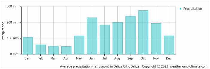 Average monthly rainfall, snow, precipitation in Belize City, Belize