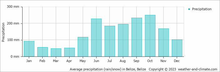 Average monthly rainfall, snow, precipitation in Belize, Belize