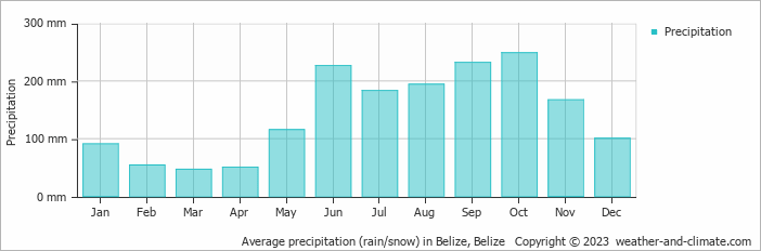 Average precipitation (rain/snow) in Belize, Belize   Copyright © 2009 www.weather-and-climate.com  