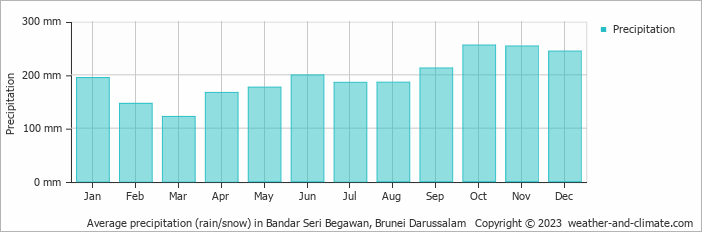Average precipitation (rain/snow) in Bandar Seri Begawan, Brunei   Copyright © 2009 www.weather-and-climate.com  
