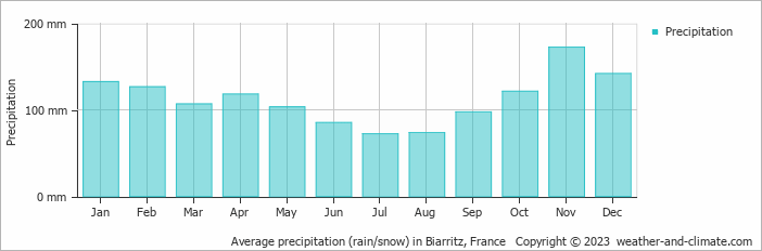 Average monthly rainfall, snow, precipitation in Biarritz, France