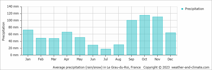 Average monthly rainfall, snow, precipitation in Le Grau-du-Roi, France