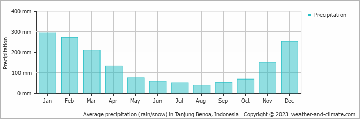 Average precipitation (rain/snow) in Tanjung Benoa, Indonesia   Copyright © 2009 www.weather-and-climate.com  