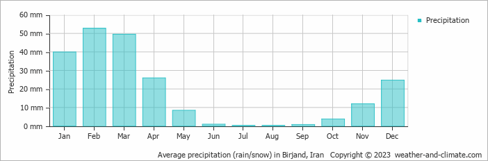 Average precipitation (rain/snow) in Birjand, Iran   Copyright © 2009 www.weather-and-climate.com  