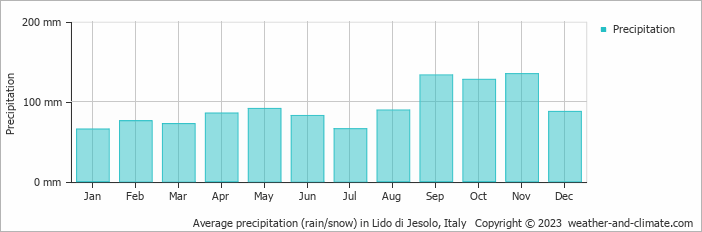 Average precipitation (rain/snow) in Lido di Jesolo, Italy   Copyright © 2009 www.weather-and-climate.com  