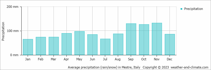 Average monthly rainfall, snow, precipitation in Mestre, Italy