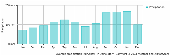 Average monthly rainfall, snow, precipitation in Udine, Italy