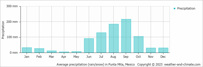 Average monthly rainfall, snow, precipitation in Punta Mita, Mexico