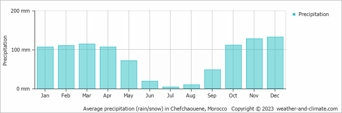 Average monthly rainfall, snow, precipitation in Chefchaouene, Morocco