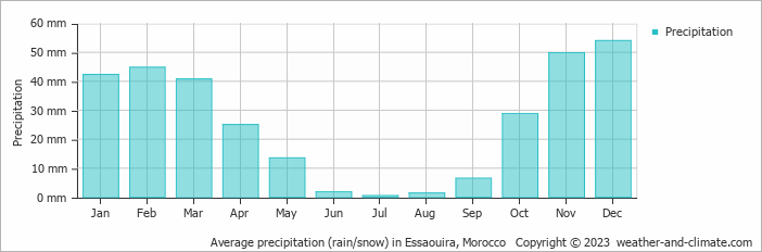 Average monthly rainfall, snow, precipitation in Essaouira, Morocco