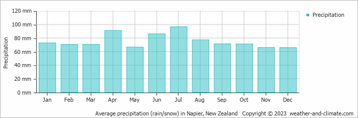 Average monthly rainfall, snow, precipitation in Napier, New Zealand