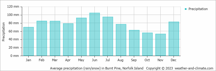 Average monthly rainfall, snow, precipitation in Burnt Pine, Norfolk Island
