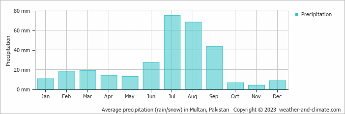 Average monthly rainfall, snow, precipitation in Multan, Pakistan