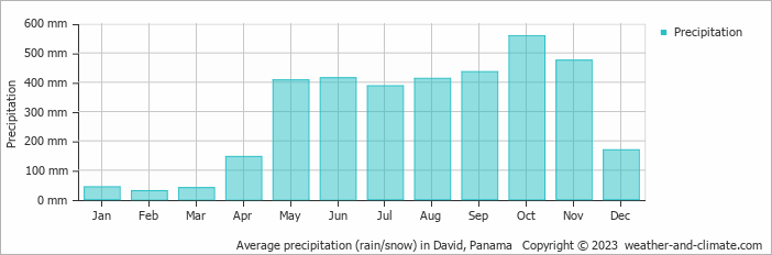Average monthly rainfall, snow, precipitation in David, Panama