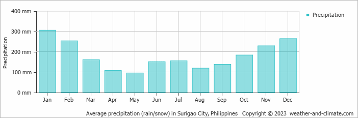 Average monthly rainfall, snow, precipitation in Surigao City, Philippines