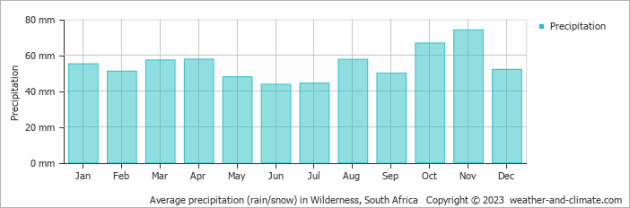 Average monthly rainfall, snow, precipitation in Wilderness, South Africa