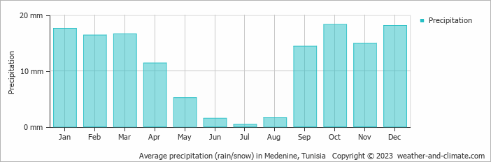 Average monthly rainfall, snow, precipitation in Medenine, Tunisia