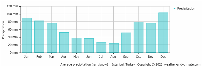 Average monthly rainfall, snow, precipitation in Istanbul, Turkey