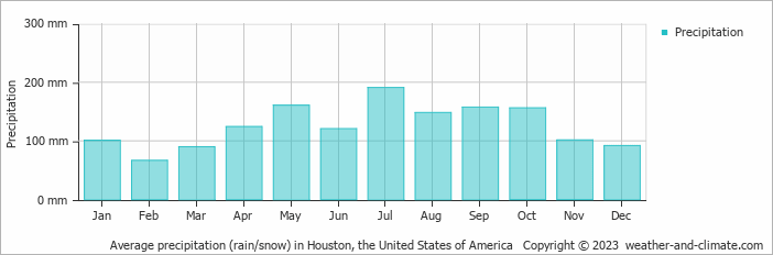 Average monthly rainfall, snow, precipitation in Houston, the United States of America
