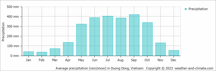 Average monthly rainfall, snow, precipitation in Duong Dong, Vietnam