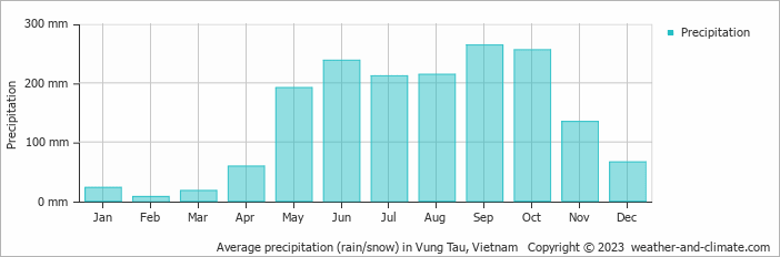 Average monthly rainfall, snow, precipitation in Vung Tau, Vietnam